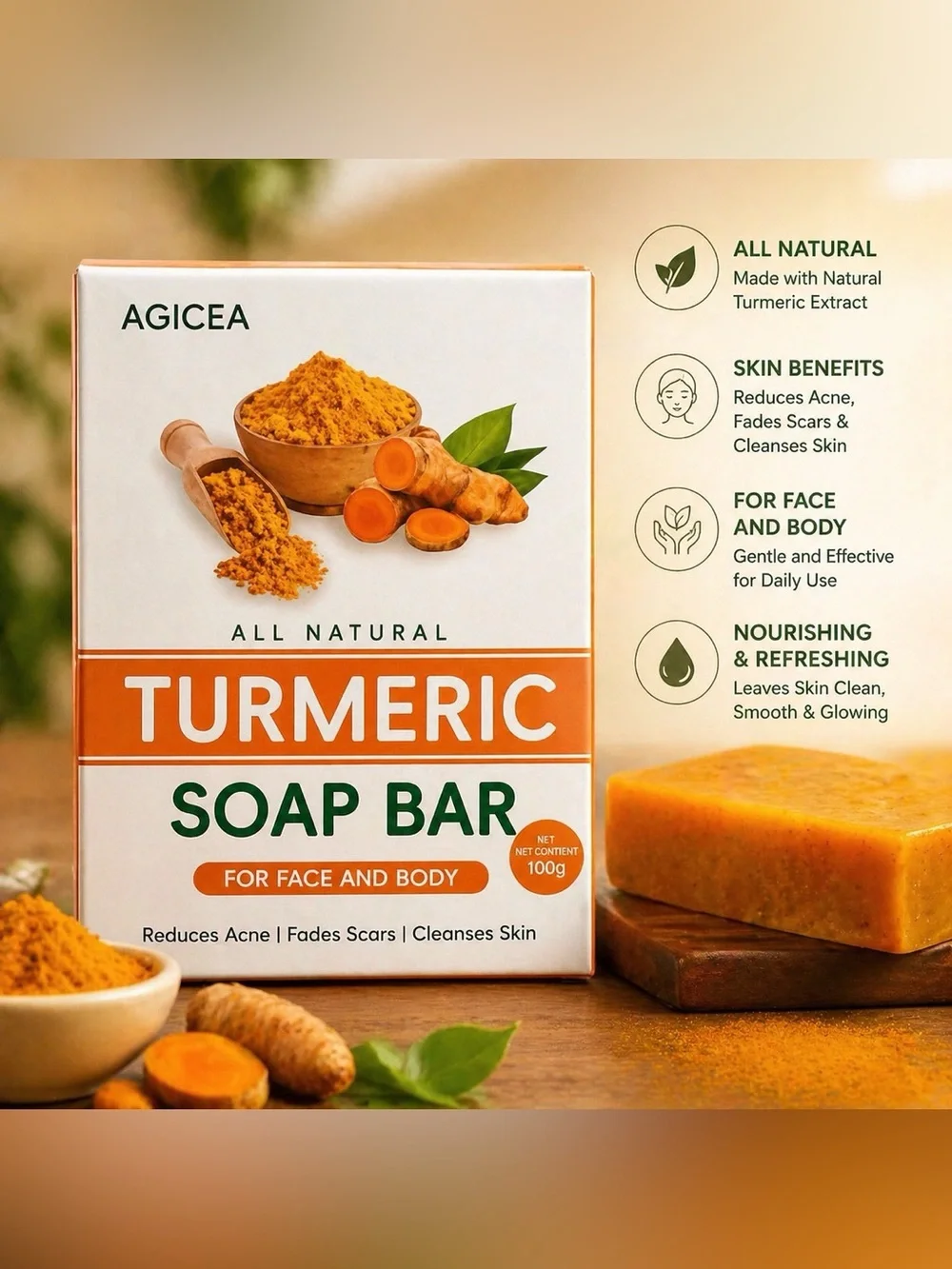 AGICEA Turmeric Soap Bar - Orange & Green Packaging